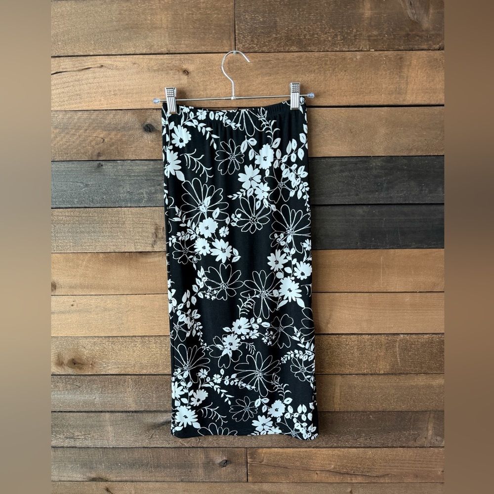 Vintage 90s PS Dew Sutton Black White Floral Midi Skirt Slit